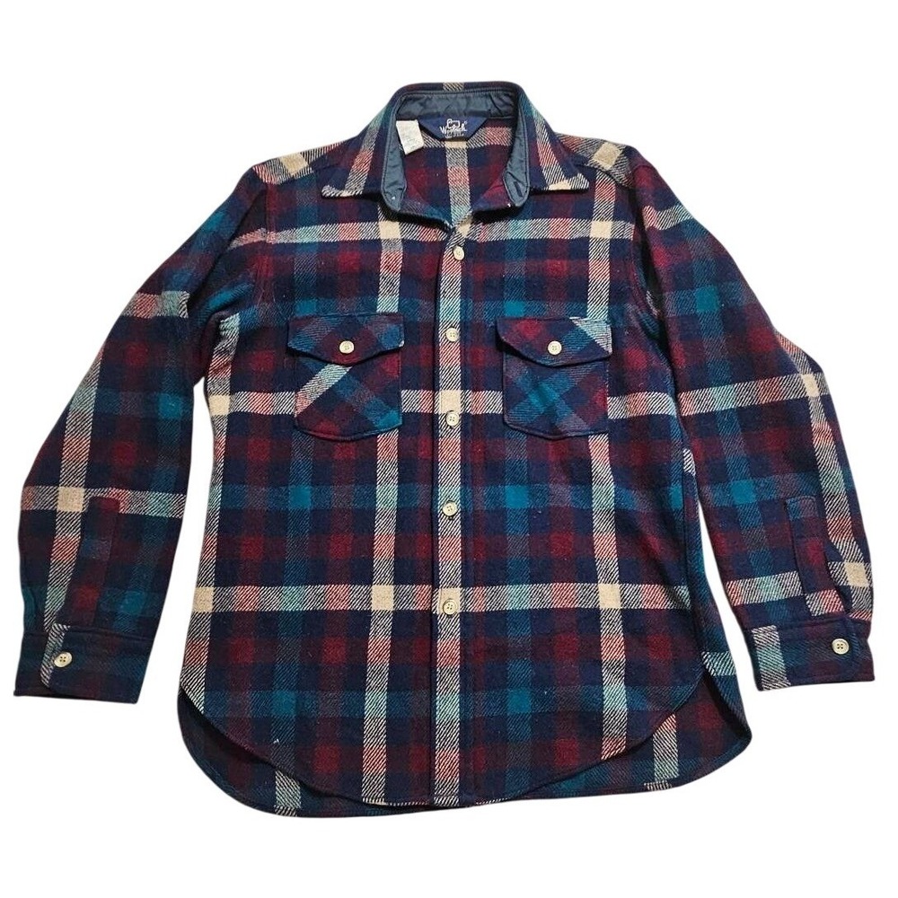 Vintage Woolrich Wool Blend Plaid Flannel Shirt Mens M Burgundy Teal Made in USA